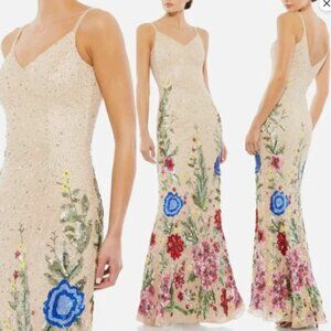 NWT MAC DUGGAL Style 5475 Nude Floral Sequin Embellished Spaghetti Strap Gown